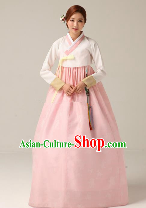 Korean Traditional Bride Hanbok Formal Occasions White Blouse and Pink Dress Ancient Fashion Apparel Costumes for Women