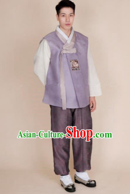Traditional Korean Costumes Ancient Korean Bridegroom Hanbok Lilac Vest and Purple Pants for Men