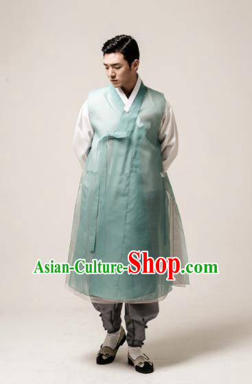 Traditional Korean Costumes Ancient Palace Korean Bridegroom Hanbok Green Vest and Grey Pants for Men