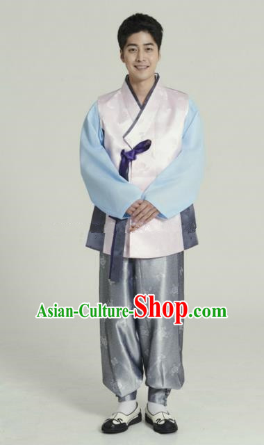 Traditional Korean Costumes Ancient Palace Korean Bridegroom Hanbok Pink Vest and Grey Pants for Men