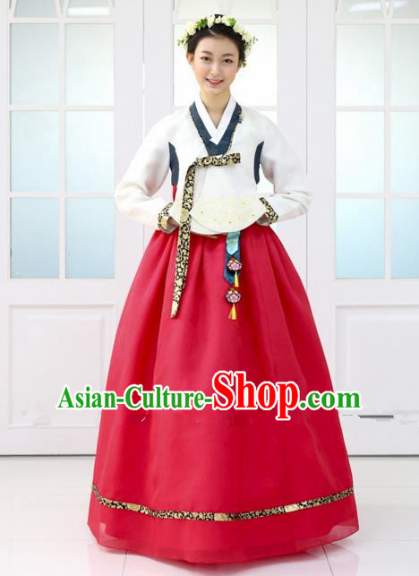 Korean Traditional Bride Hanbok Formal Occasions White Blouse and Red Dress Ancient Fashion Apparel Costumes for Women