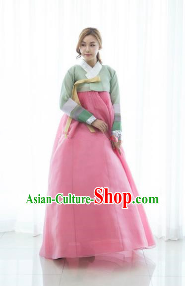 Korean Traditional Bride Hanbok Formal Occasions Green Blouse and Pink Dress Ancient Fashion Apparel Costumes for Women