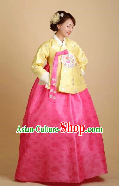 Korean Traditional Bride Tang Garment Hanbok Formal Occasions Yellow Blouse and Pink Dress Ancient Costumes for Women