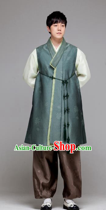 Traditional Korean Costumes Ancient Palace Korean Bridegroom Hanbok Atrovirens Vest and Brown Pants for Men