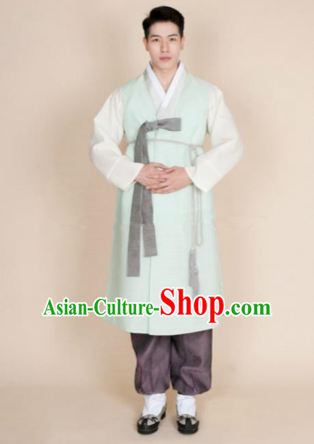 Traditional Korean Costumes Ancient Palace Korean Bridegroom Hanbok Green Vest and Purple Pants for Men