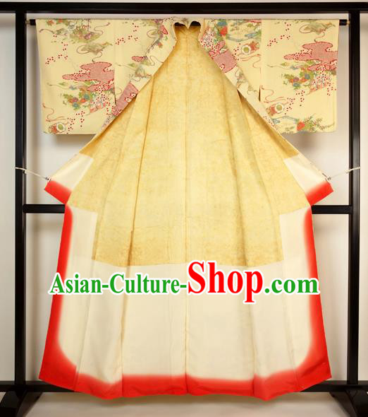 Japan Ancient Palace Yellow Furisode Kimonos Traditional Yukata Dress Formal Costume for Women