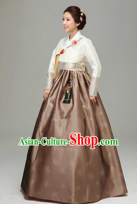 Korean Traditional Bride Tang Garment Hanbok Formal Occasions White Blouse and Coffee Dress Ancient Costumes for Women