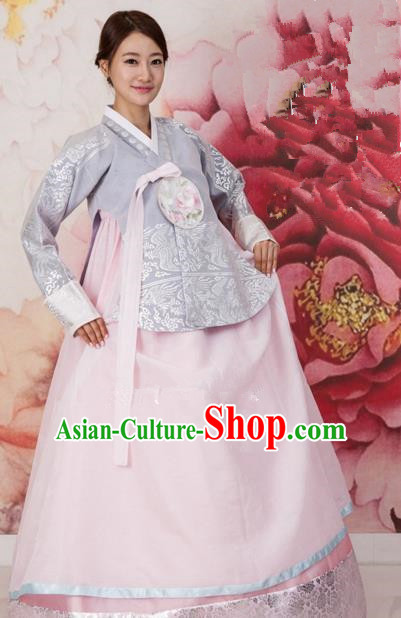 Korean Traditional Bride Tang Garment Hanbok Formal Occasions Grey Blouse and Pink Dress Ancient Costumes for Women