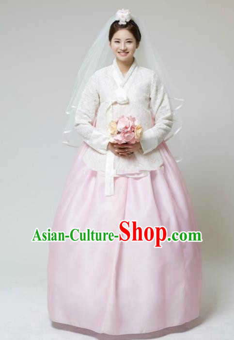 Korean Traditional Bride Tang Garment Hanbok Formal Occasions White Lace Blouse and Pink Dress Ancient Costumes for Women