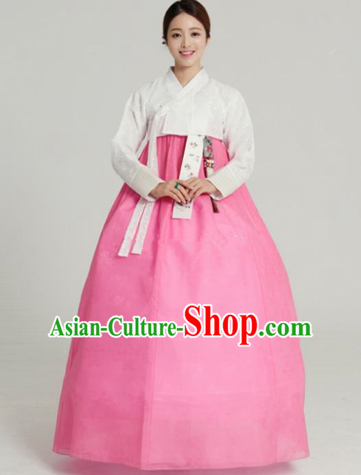 Korean Traditional Bride Tang Garment Hanbok Formal Occasions White Blouse and Pink Dress Ancient Costumes for Women