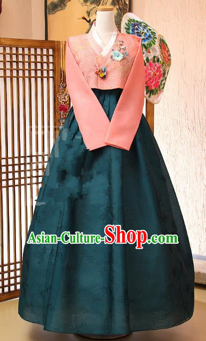 Korean Traditional Bride Tang Garment Hanbok Formal Occasions Pink Blouse and Atrovirens Dress Ancient Costumes for Women