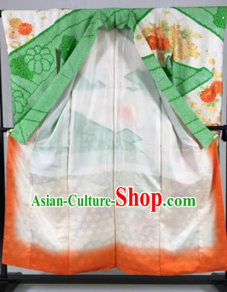 Japan Traditional Kimono Green Furisode Kimono Ancient Yukata Dress Formal Costume for Women