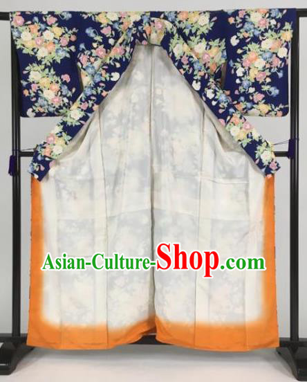 Japan Traditional Kimono Printing Blue Furisode Kimono Ancient Yukata Dress Formal Costume for Women