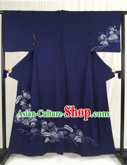 Japanese Traditional Navy Kimono Ancient Samurai Yukata Robe Wafuku Hakama Haori Clothing for Men