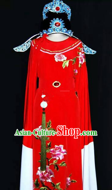 China Traditional Beijing Opera Young Men Embroidered Peony Costume Chinese Peking Opera Niche Red Robe for Adults