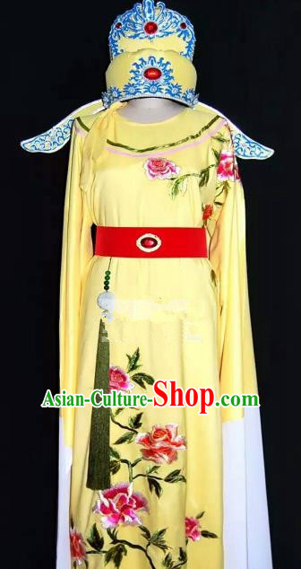 China Traditional Beijing Opera Young Men Embroidered Peony Costume Chinese Peking Opera Niche Yellow Robe for Adults