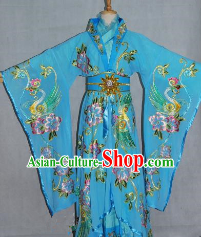 China Traditional Beijing Opera Empress Embroidered Blue Dress Chinese Peking Opera Actress Costume