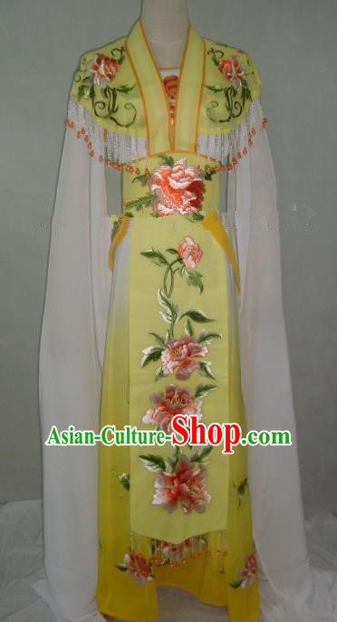 Traditional China Beijing Opera Embroidered Peony Yellow Dress Chinese Peking Opera Diva Costume