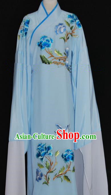 Traditional Chinese Beijing Opera Embroidery Peony Blue Costume Peking Opera Niche Clothing for Adults
