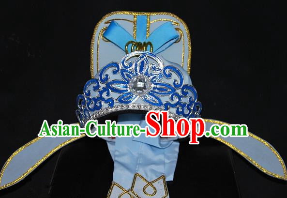 China Traditional Beijing Opera Young Men Headwear Chinese Peking Opera Niche Blue Hats for Men