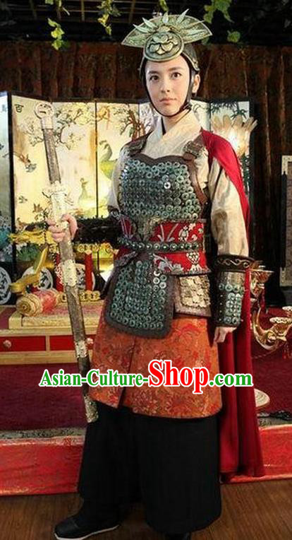 Chinese Ancient Tang Dynasty Female General Historical Costume Helmet and Armour for Women