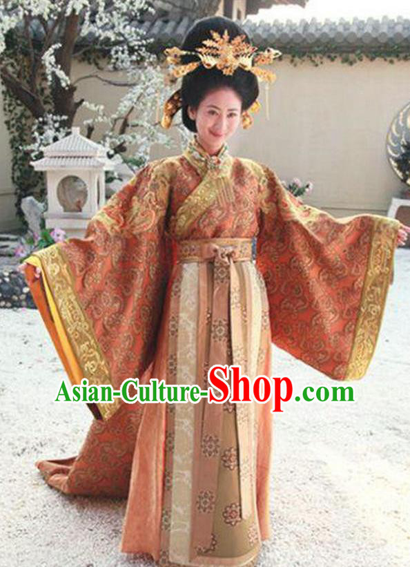 Chinese Ancient Tang Dynasty Empress Zhangsun of Li Shimin Hanfu Dress Historical Costume and Headpiece Complete Set for Women
