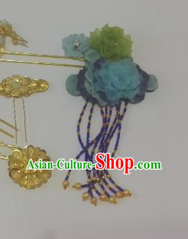 Chinese Ancient Hair Accessories Bride Blue Flowers Tassel Hairpins Headwear for Women