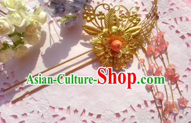 Chinese Ancient Princess Hair Accessories Pink Beads Tassel Hairpins for Women