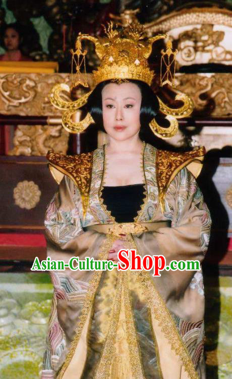 Ancient Chinese Tang Dynasty Empress Wu Zetian Embroidered Dress Queen Historical Costume and Headpiece Complete Set for Women