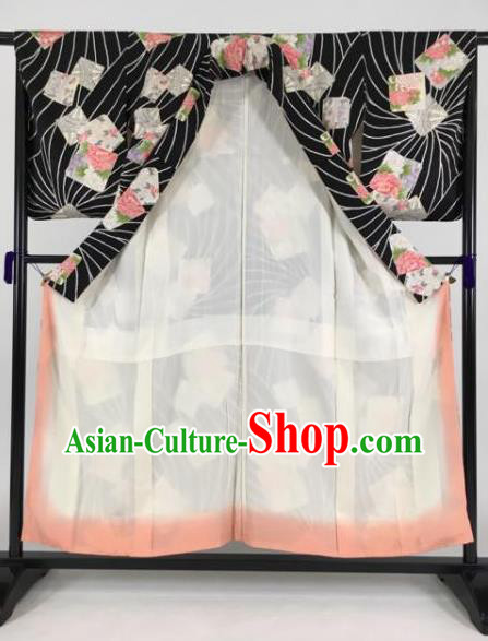 Japan Traditional Kimonos Printing Peony Black Furisode Kimono Ancient Yukata Dress Formal Costume for Women