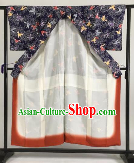 Japan Traditional Kimono Furisode Kimono Ancient Navy Yukata Dress Formal Costume for Women