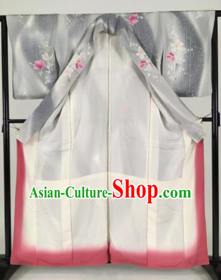 Japan Traditional Grey Silk Kimono Furisode Kimono Ancient Yukata Dress Formal Costume for Women