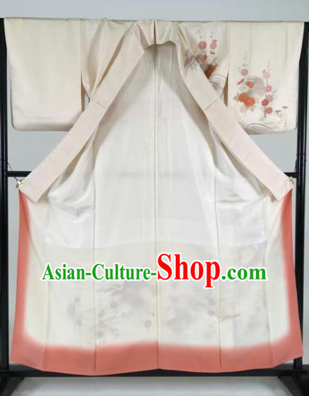 Japan Traditional Kimonos White Silk Palace Furisode Kimono Ancient Yukata Dress Formal Costume for Women
