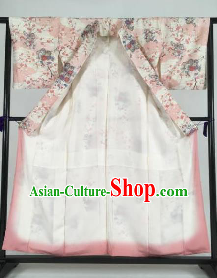 Japan Traditional Kimonos Printing Flowers Pink Palace Furisode Kimono Ancient Yukata Dress Formal Costume for Women