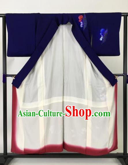 Japan Traditional Kimonos Royalblue Furisode Kimono Ancient Yukata Dress Formal Costume for Women