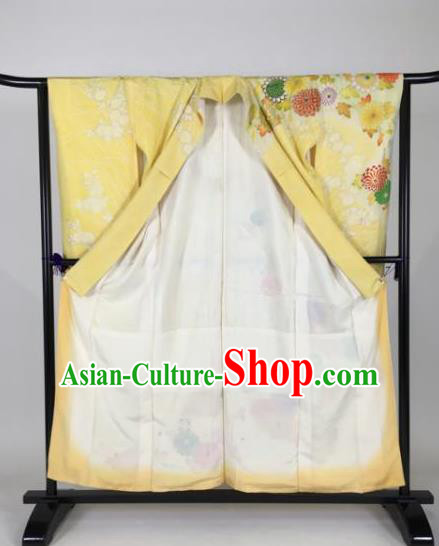 Ancient Japanese Geisha Yellow Furisode Kimonos Traditional Female Yukata Dress Formal Costume for Women