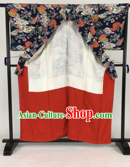 Japanese Mikado Costume Ancient Palace Printing Navy Kimono Traditional Wafuku Hakama Yukata Robe for Men