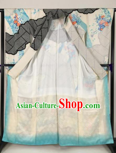 Ancient Japanese Geisha Furisode Kimonos Traditional Female Printing Yukata Dress Formal Costume for Women