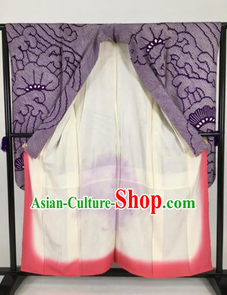 Ancient Japanese Geisha Furisode Kimonos Traditional Female Purple Yukata Dress Formal Costume for Women