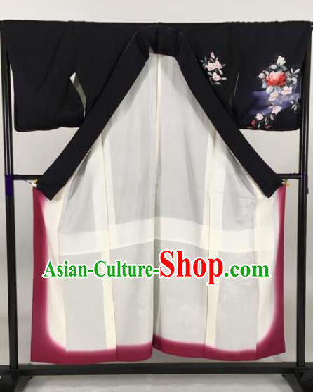 Japan Traditional Printing Kimonos Black Furisode Kimono Ancient Yukata Dress Formal Costume for Women