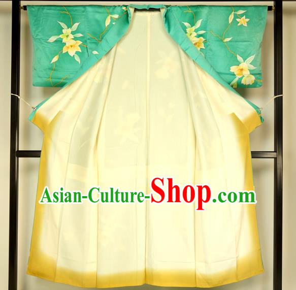 Ancient Japanese Green Furisode Kimonos Traditional Female Yukata Dress Formal Costume for Women