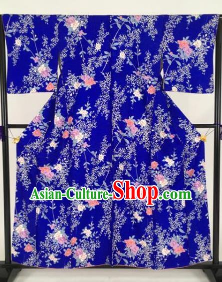 Japan Traditional Kimonos Printing Flowers Blue Furisode Kimono Ancient Yukata Dress Formal Costume for Women