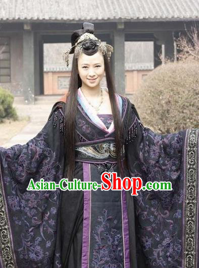 Chinese Ancient Warring States Period Imperial Concubine Hanfu Embroidered Costume and Headpiece Complete Set