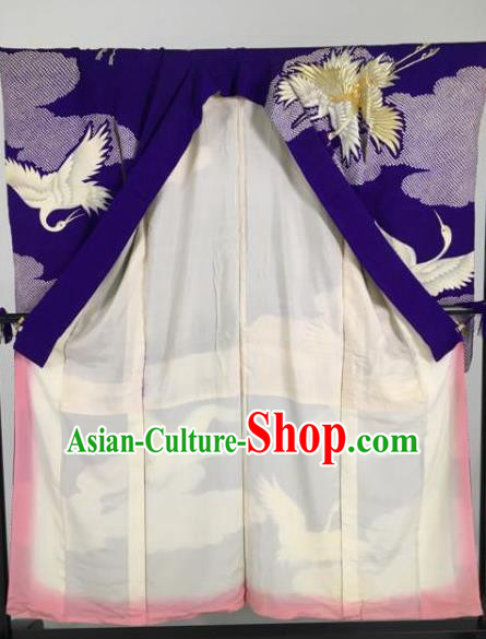 Ancient Japanese Geisha Royalblue Furisode Kimonos Traditional Female Yukata Dress Formal Costume for Women