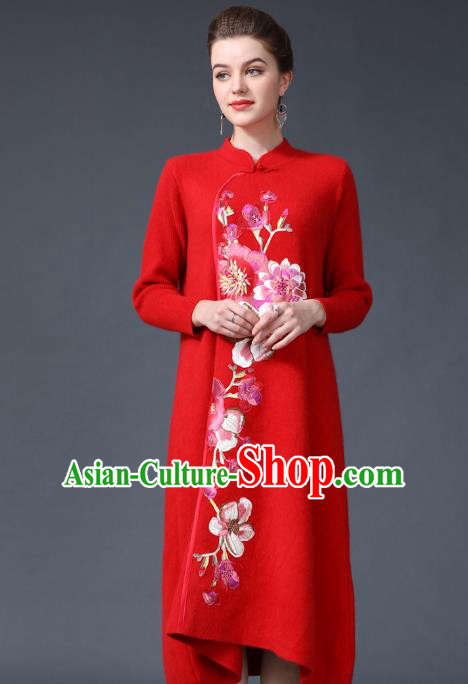 Chinese National Costume Embroidered Peony Red Cheongsam Qipao Dress for Women
