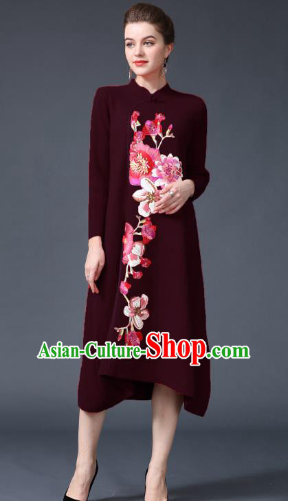 Chinese National Costume Embroidered Peony Wine Red Cheongsam Qipao Dress for Women