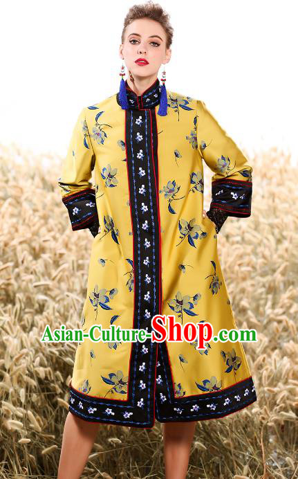 Chinese National Costume Traditional Embroidered Yellow Dust Coats for Women