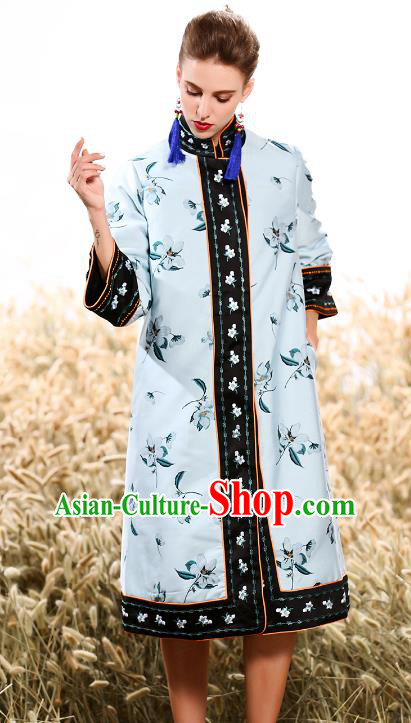 Chinese National Costume Traditional Embroidered Blue Dust Coats for Women