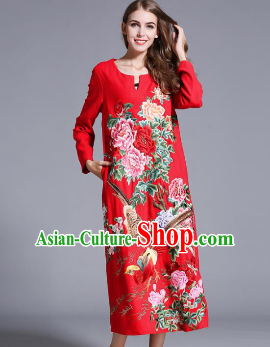 Chinese National Costume Orphrey Embroidered Red Cheongsam Qipao Dress for Women