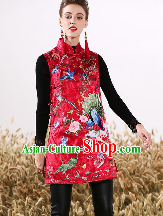 Chinese National Costume Traditional Embroidered Red Vests Waistcoat for Women